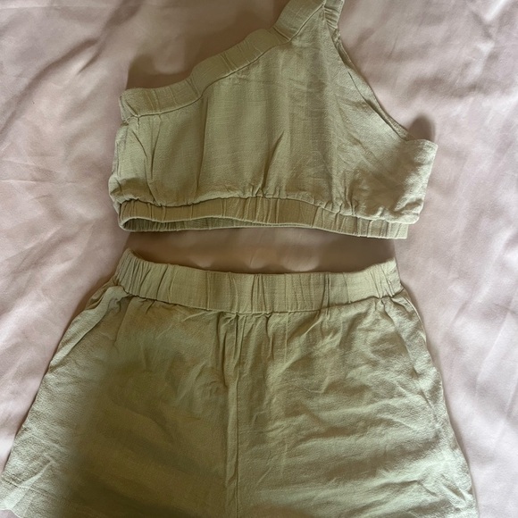 High Waist Tan Shorts and One shoulder top Matching Set - Picture 5 of 8